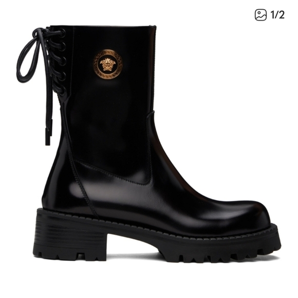 Versace Black Combat Boots with Gold Medallion - Picture 9 of 9